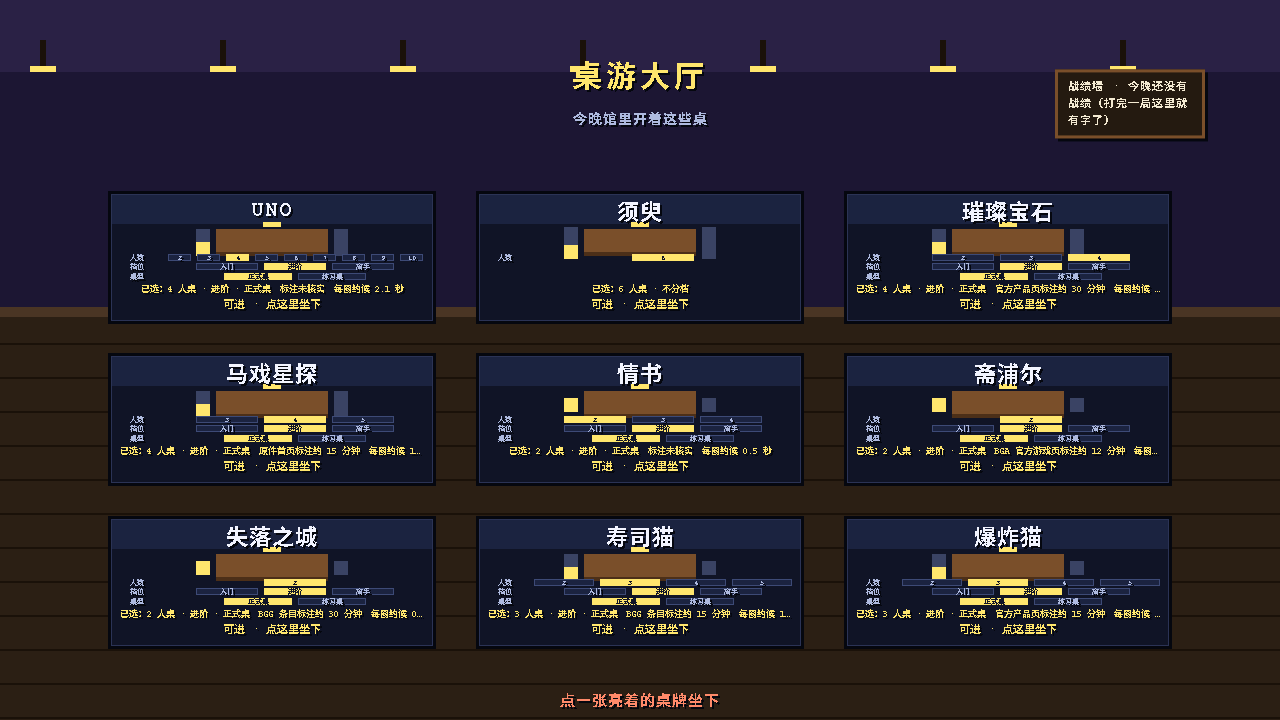 游戏实机截图:深色像素大厅中的九张桌牌